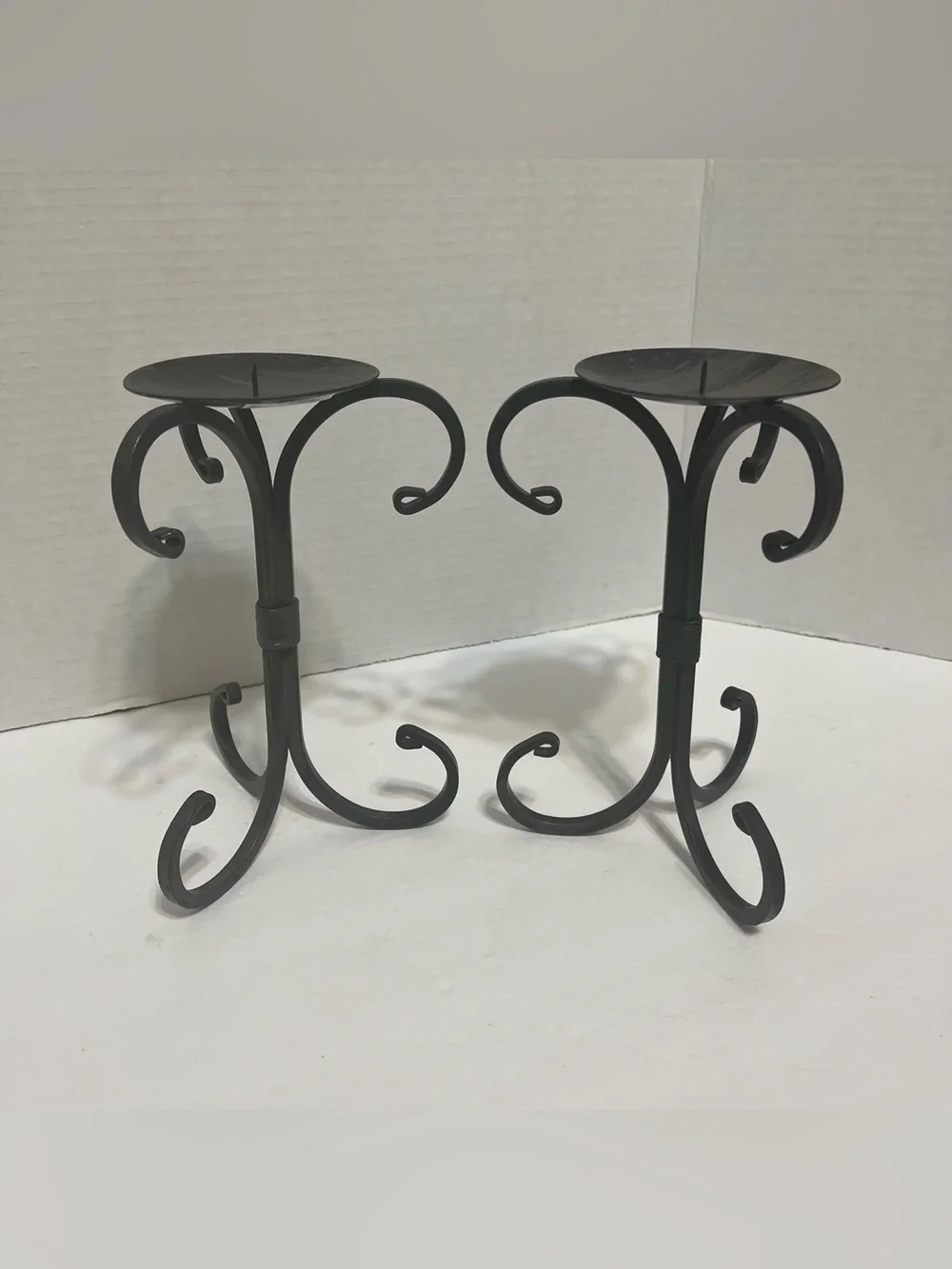 Decorative Black Metal Candle Holders with brown brush finish Pair scrolled legs
